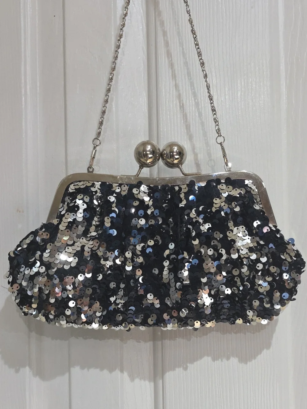 Sequin Evening Clutch Bag in Black and Silver